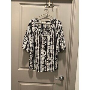 Black White Abstract Blouse L Ruffle Sleeve Top